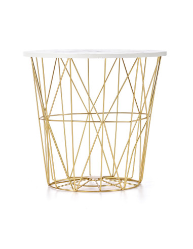 HARISSA G Ława Okrągła z Pojemnikiem Biały Marmur Fi 42cm, Stelaż Złoty