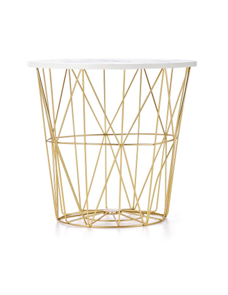 HARISSA G Ława Okrągła z Pojemnikiem Biały Marmur Fi 42cm, Stelaż Złoty