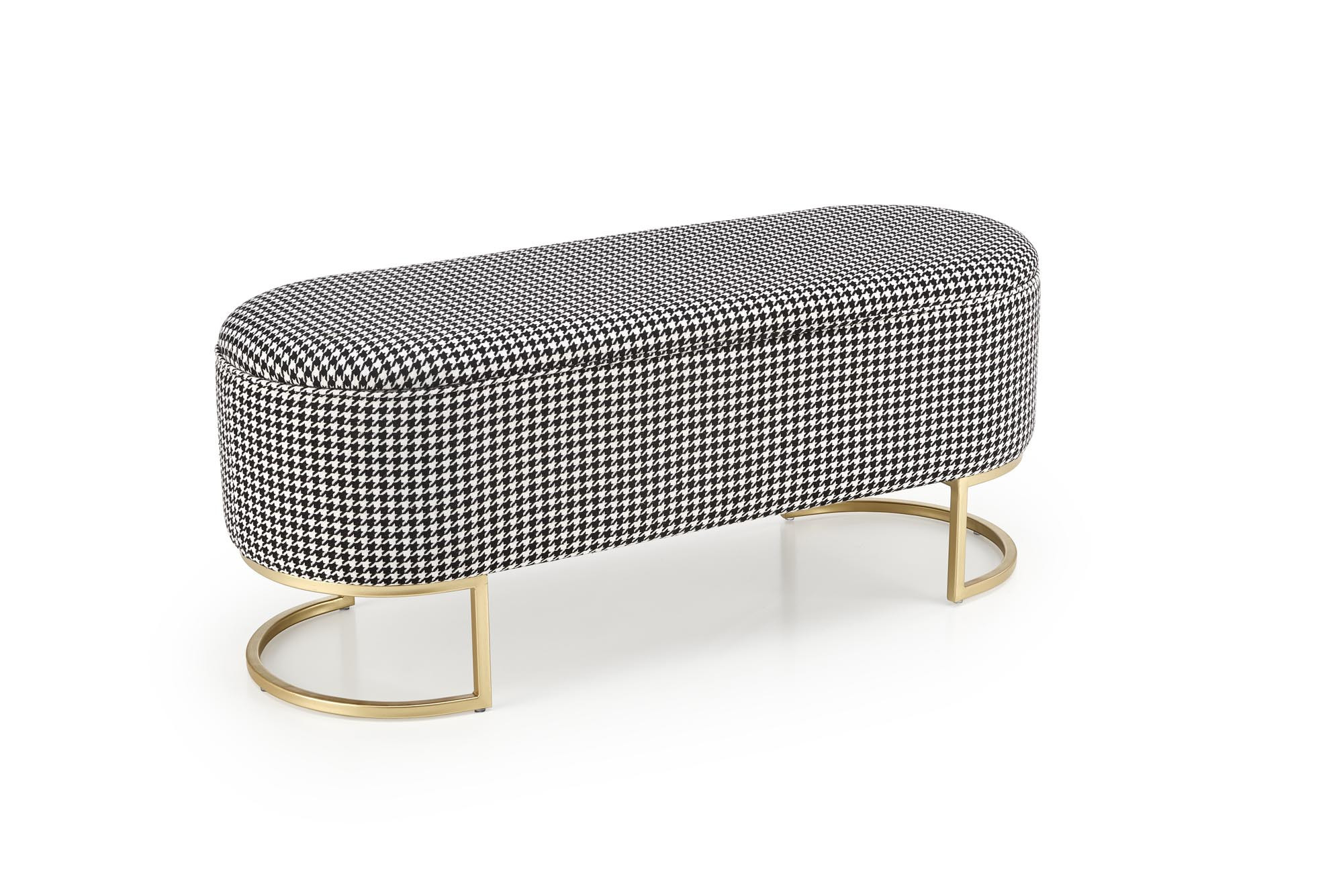 Ławka HARMONY z funkcją pojemnika, czarna z białym wzorem, złote nogi – widok z boku.