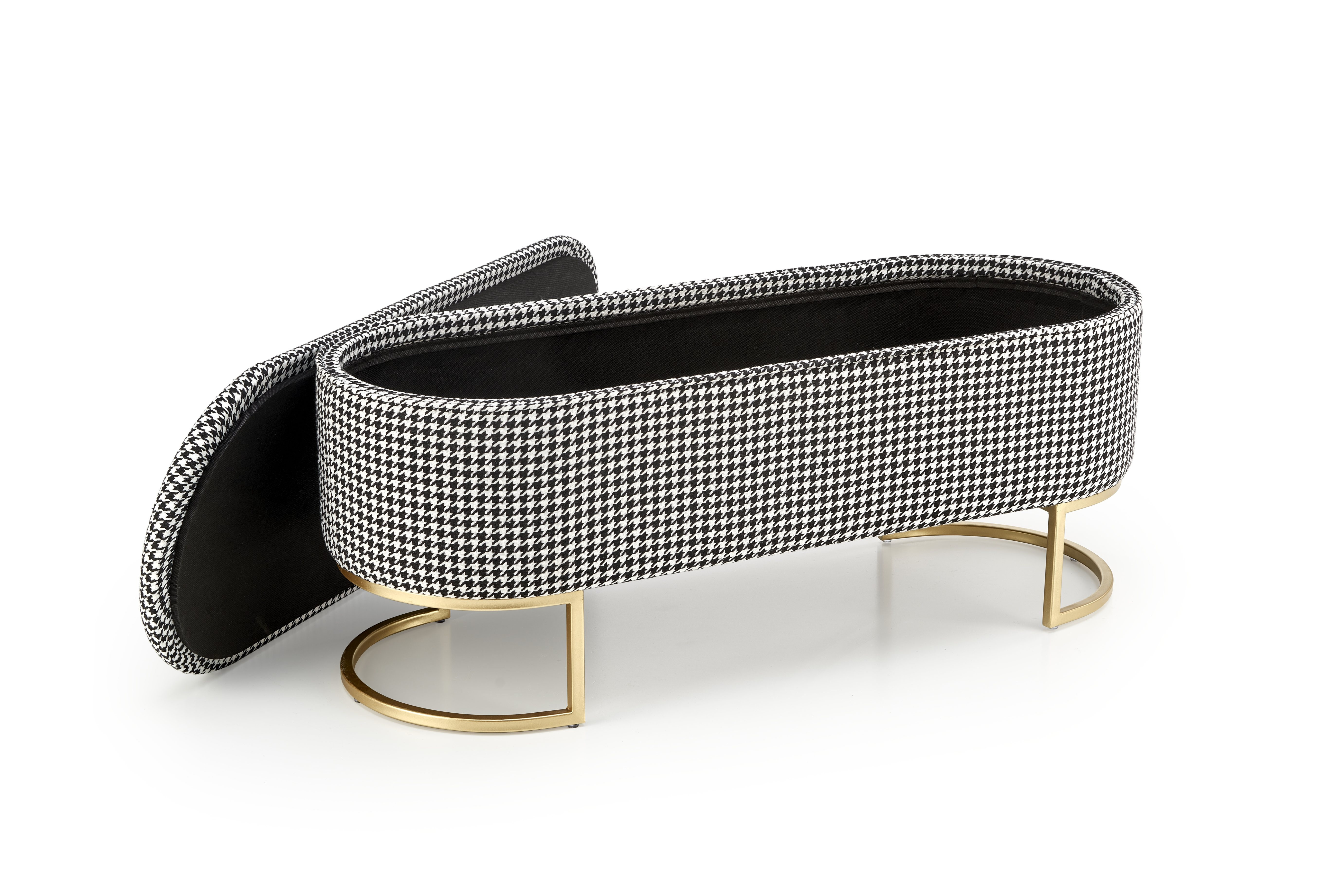 Ławka HARMONY z funkcją pojemnika, czarno-biały wzór pepitka, złote nogi – widok z przodu i otwarty pojemnik.