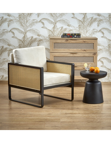 ILARIO Fotel Jasnobeżowa Tapicerka - Czarny/Naturalny - Eklektyczny Design