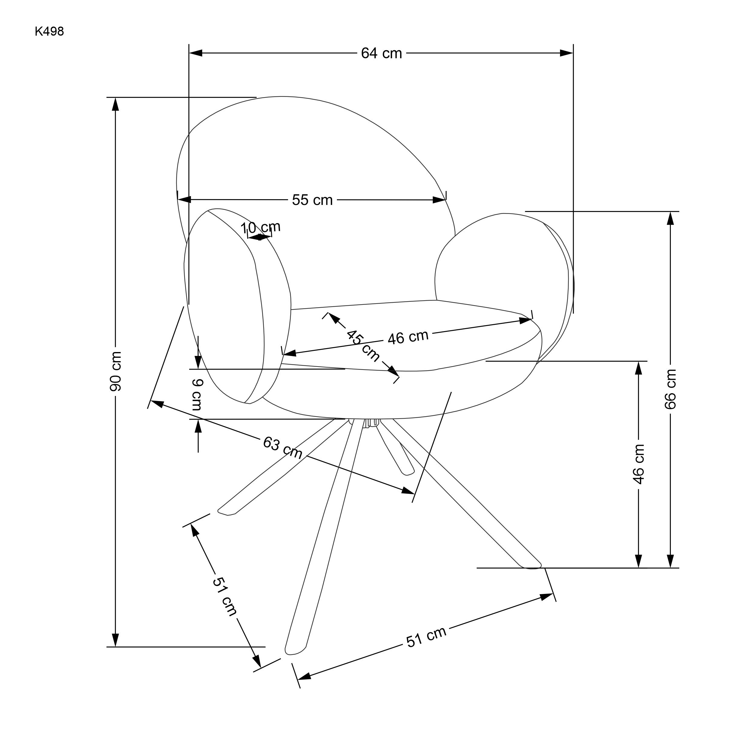 Wymiarowanie popielatego krzesła obrotowego K498 z tkaniny boucle – widok z boku.