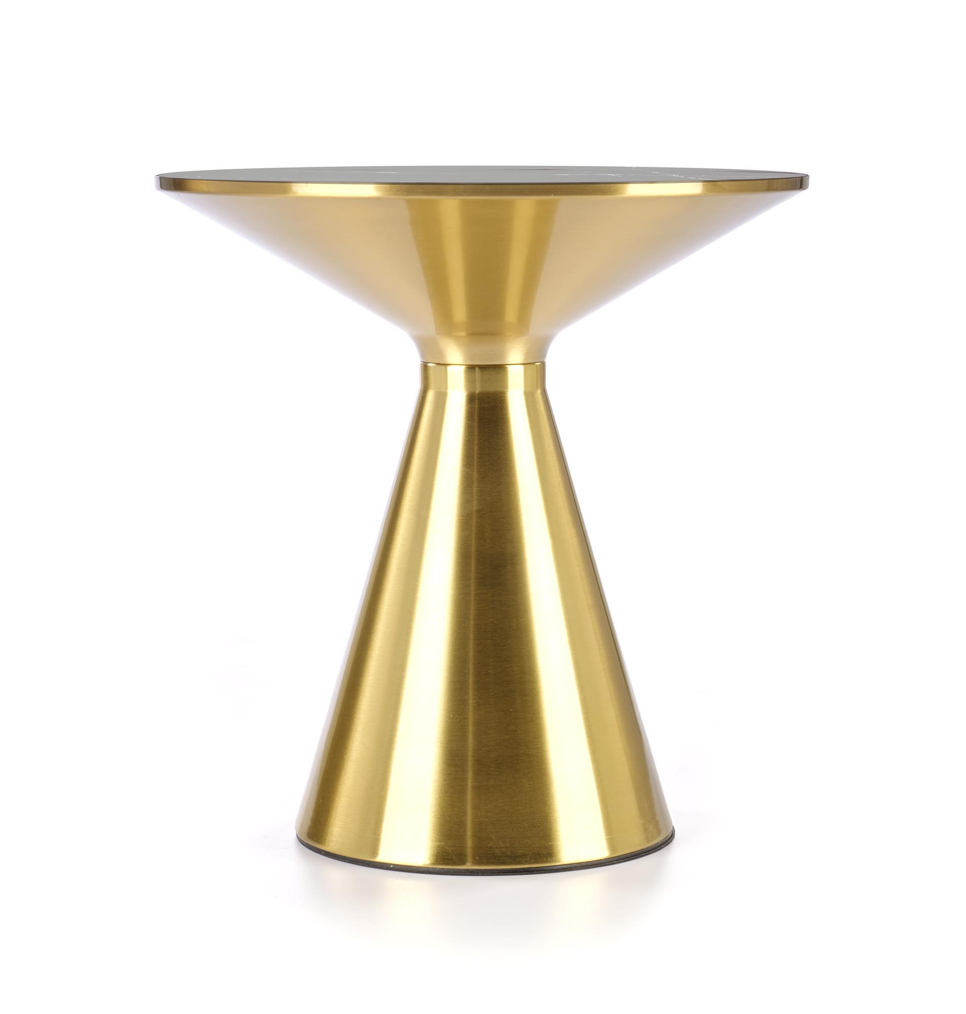 Okrągła ława TRIBECA z czarnego marmuru i złotego metalu – widok z boku.