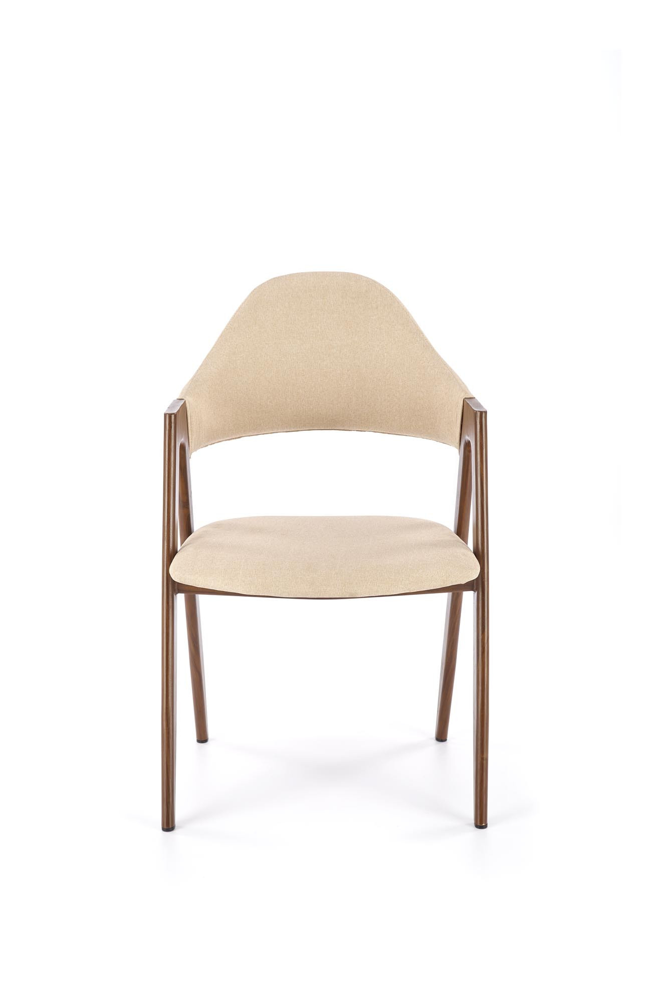 Zdjęcie z przodu beżowego krzesła K344 z tkaniny i malowaną stalową ramą.