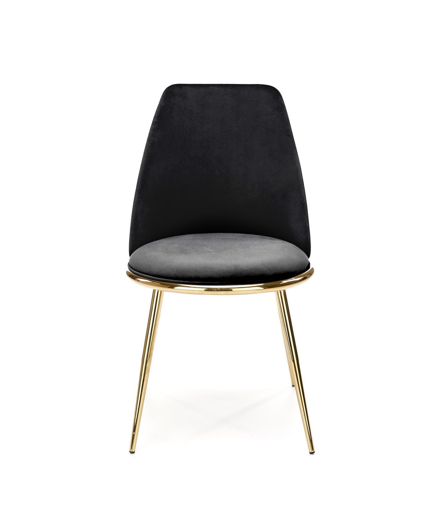 Widok z przodu czarnego krzesła K460 z weluru na złotych, chromowanych nogach.