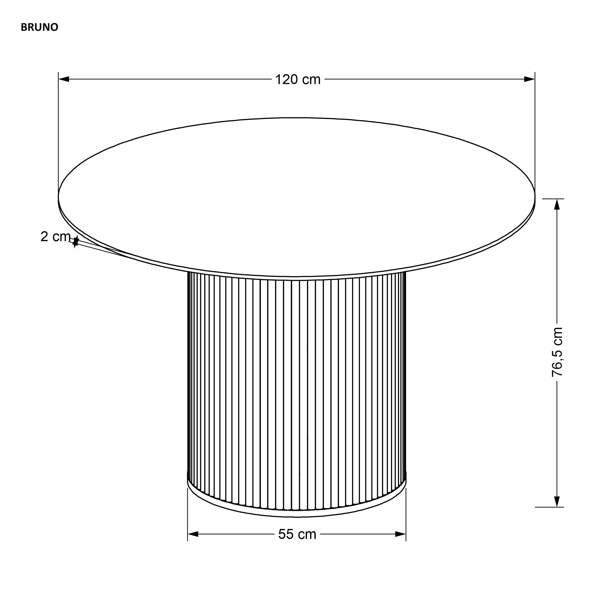 Wymiarowanie okrągłego stołu BRUNO z białym marmurowym blatem i orzechową żłobioną podstawą.
