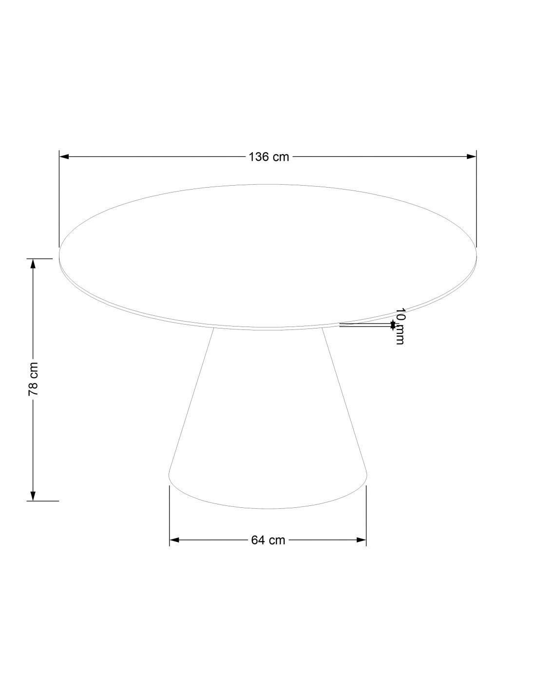 Wymiarowanie okrągłego stołu orzechowego fi136cm z podstawą w kształcie stożka.