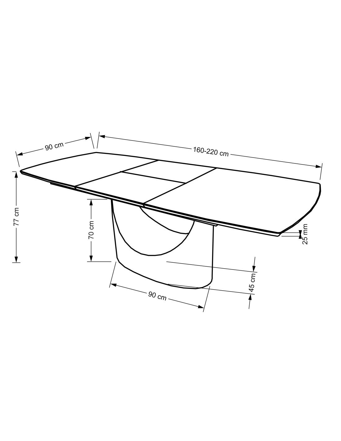 Wymiarowanie nowoczesnego stołu OSMAN z marmurowym blatem i czarną podstawą, widok z boku.