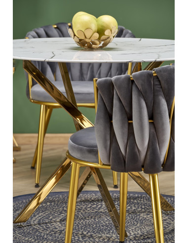 RAYMOND_2 Stół Okrągły Szklany Fi100cm Biały Marmur/Złoty - Styl Glamour