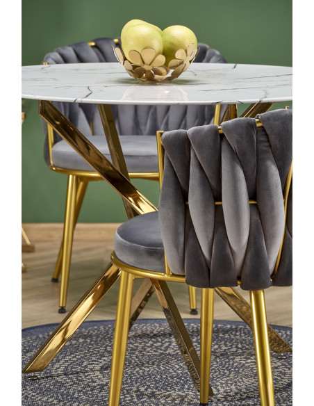 RAYMOND_2 Stół Okrągły Szklany Fi100cm Biały Marmur/Złoty - Styl Glamour