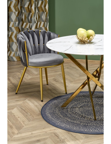 RAYMOND_2 Stół Okrągły Szklany Fi100cm Biały Marmur/Złoty - Styl Glamour