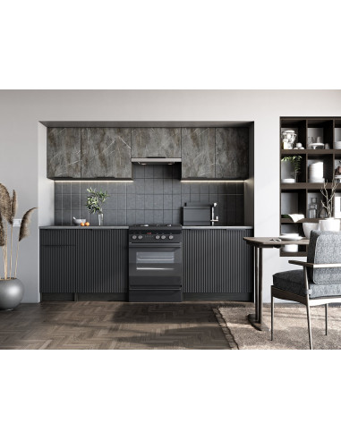 TAMARA_240 Zestaw Kuchenny 240cm Popielaty Marmur/Czarny, Carbon Wood