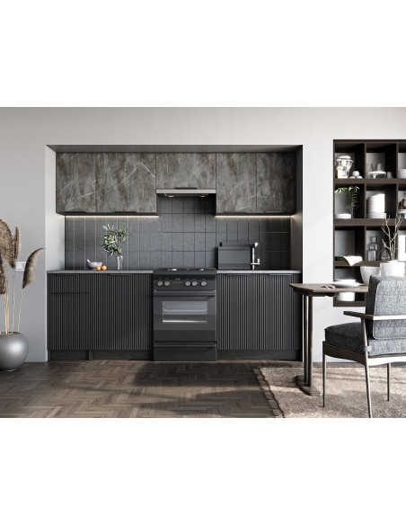 TAMARA_240 Zestaw Kuchenny 240cm Popielaty Marmur/Czarny, Carbon Wood