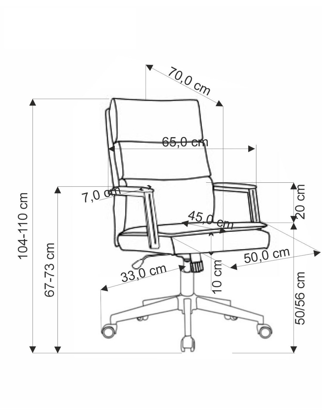 Wymiarowanie beżowego fotela obrotowego ADRIANO z ergonomicznym designem – widok z boku.