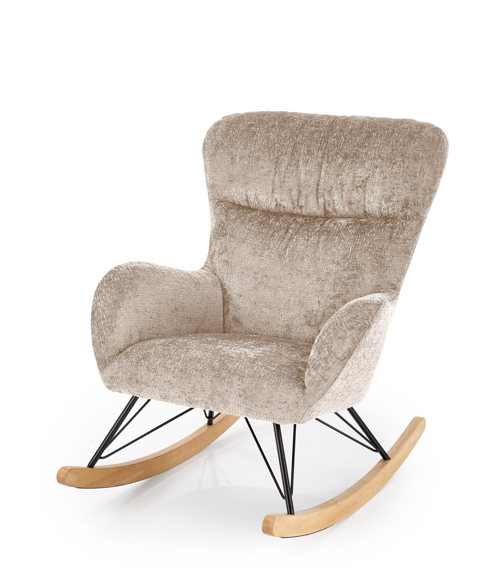 Beżowy fotel bujany CASTRO z tkaniny, z przodu, stalowe nogi i drewniane płozy.