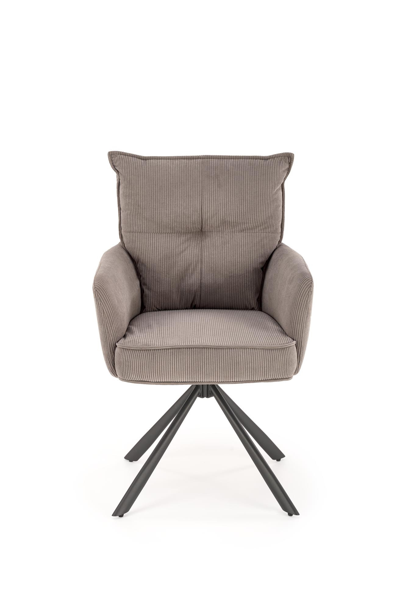 Popielate krzesło K528 z sztruksu, stalowe nogi, widok z przodu.