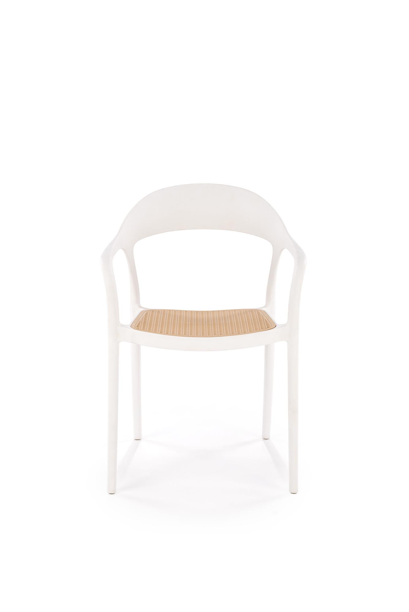 Białe krzesło K530 z naturalnym siedziskiem – widok z przodu.