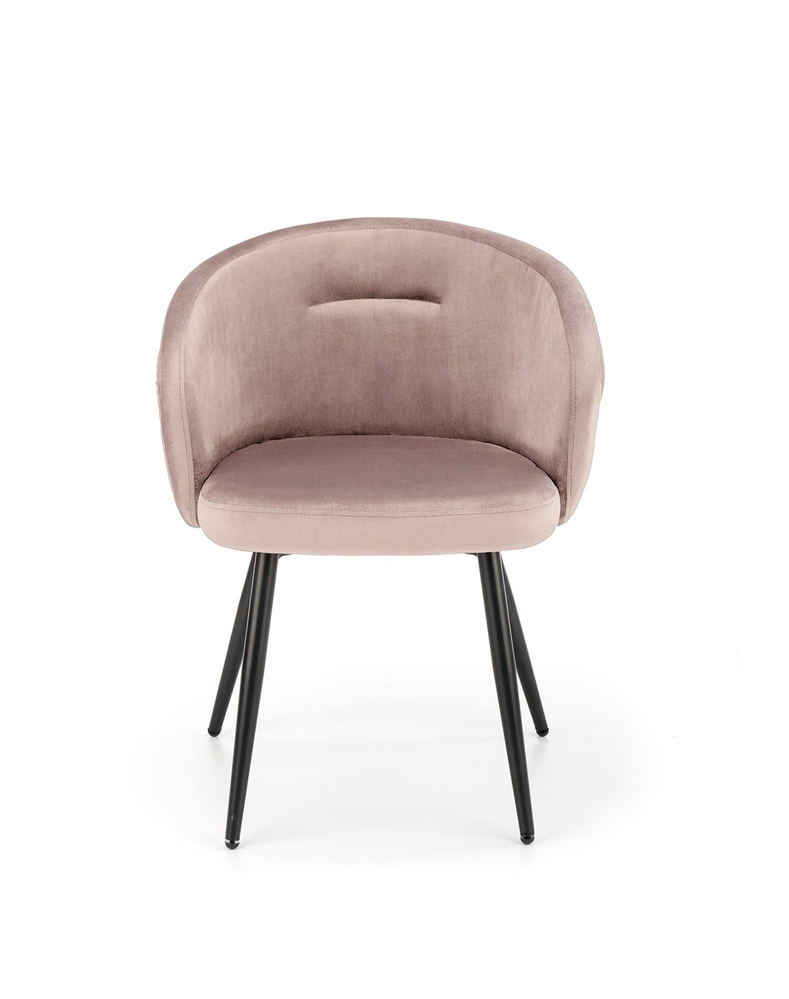 Beżowe krzesło K430 z pikowanym velvetowym kubełkowym oparciem i stalowymi nogami – widok z przodu.