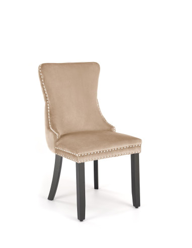 ALDA Krzesło Beżowe Pikowane Velvet | Nogi Drewno, Złote Ćwieki na Bokach