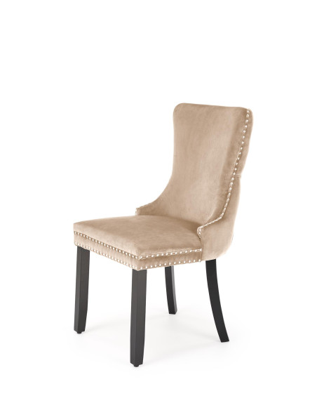 ALDA Krzesło Beżowe Pikowane Velvet | Nogi Drewno, Złote Ćwieki na Bokach