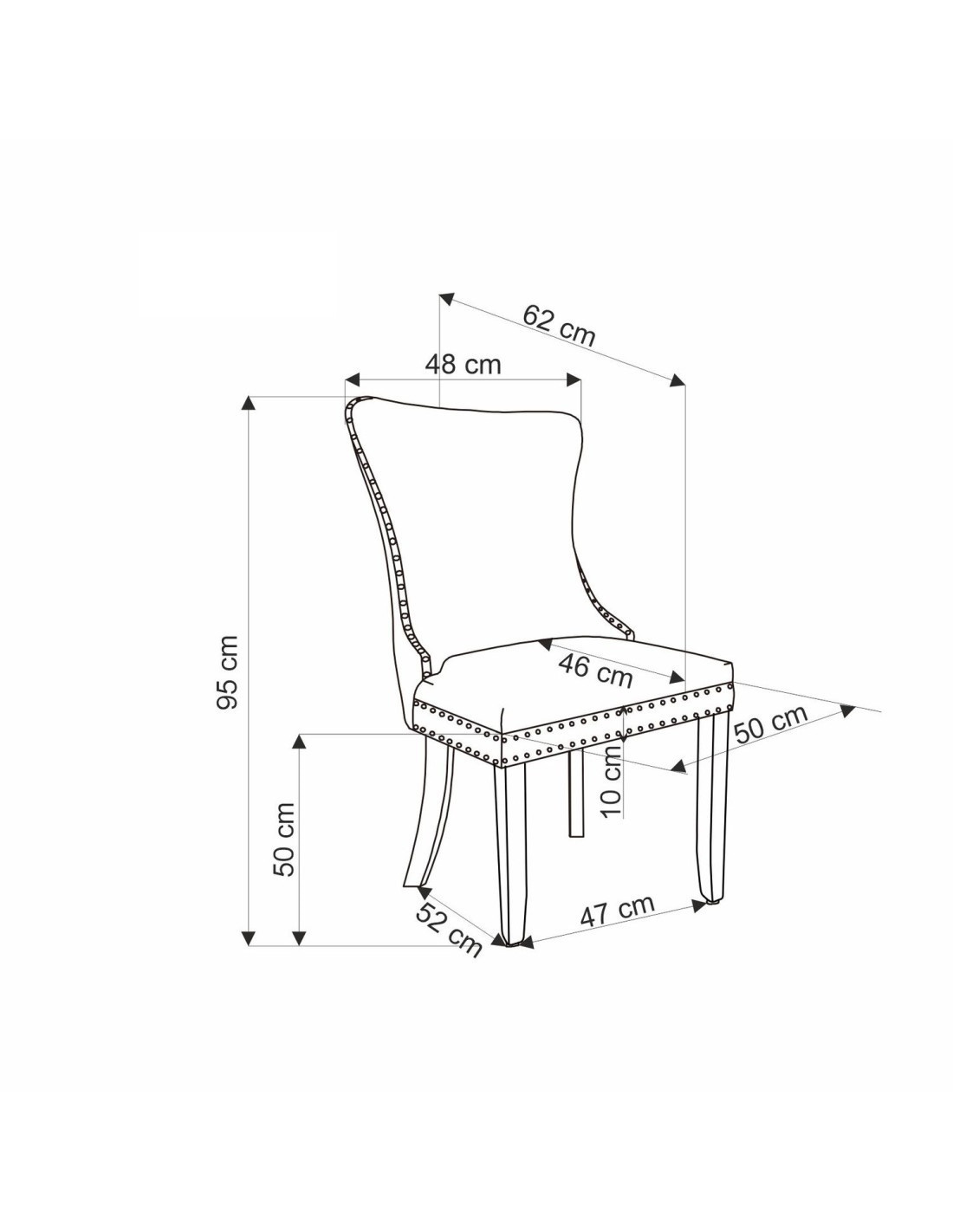 Wymiarowanie ciemnozielonego krzesła ALDA z aksamitnym obiciem, drewnianymi nogami i złotymi ćwiekami.