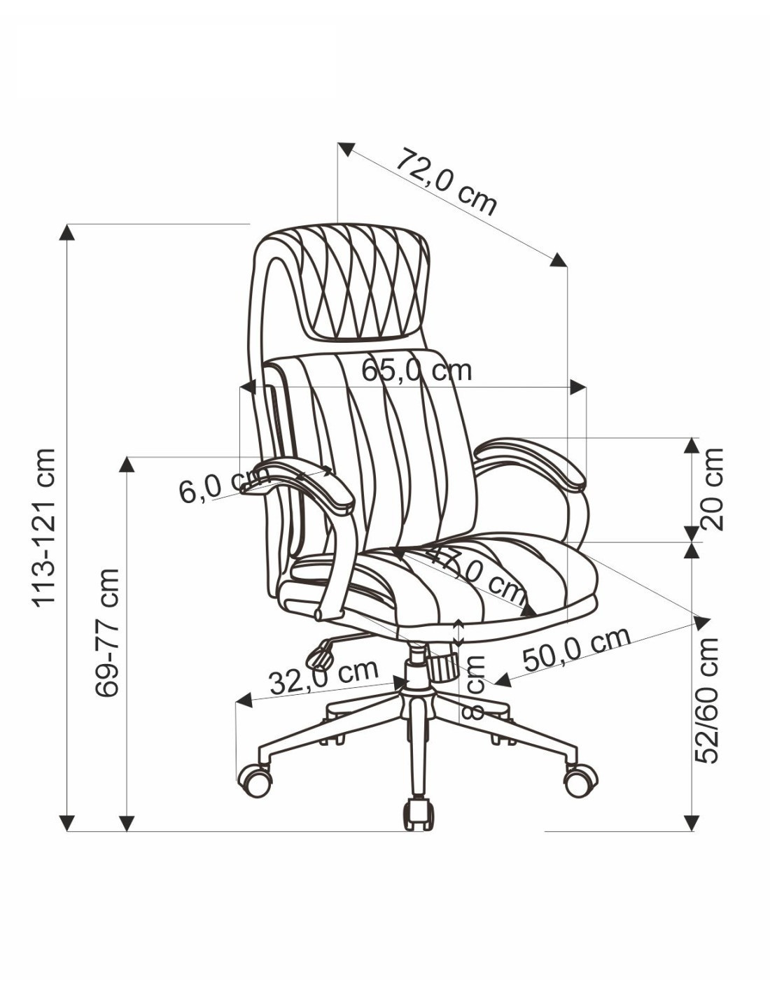 Wymiarowanie czarnego fotela gabinetowego ROMANO z eco skóry i chromowanymi nogami – widok z boku.
