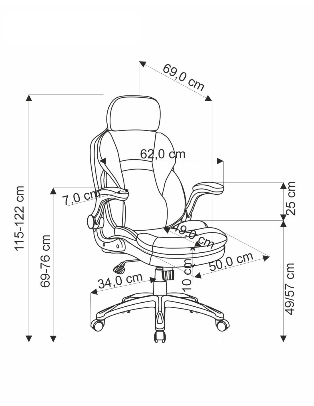Wymiarowanie czarno-popielatego fotela gabinetowego VALERIO z eco skóry i tkaniny – widok z przodu.