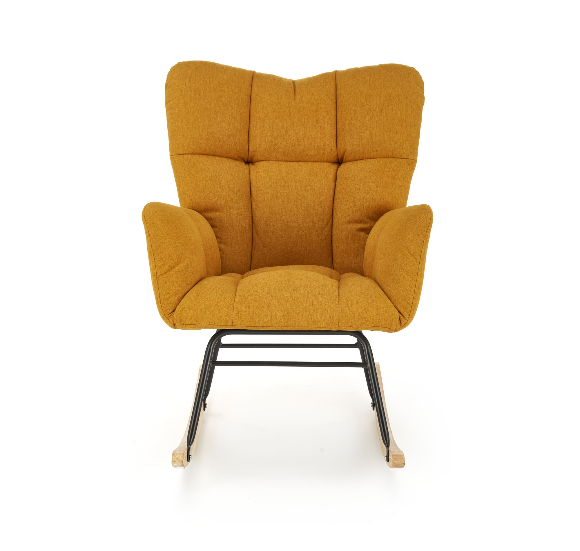 Przód musztardowego fotela bujanego VASCO na drewnianych płozach z pikowaną tapicerką.