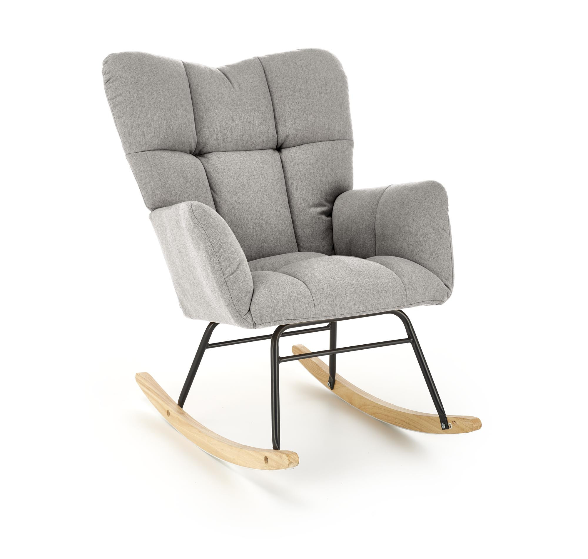 Szary fotel bujany VASCO na drewnianych płozach z pikowaną tapicerką – widok z boku.