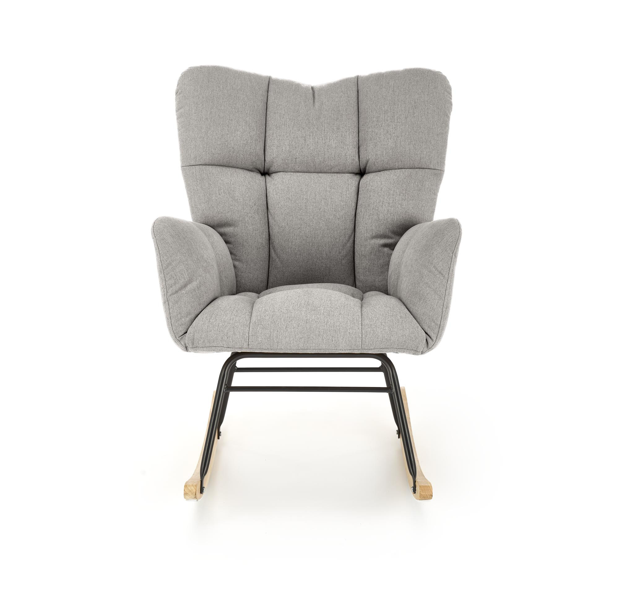 Popielaty fotel bujany VASCO z pikowaną tapicerką na drewnianych płozach – widok z przodu.