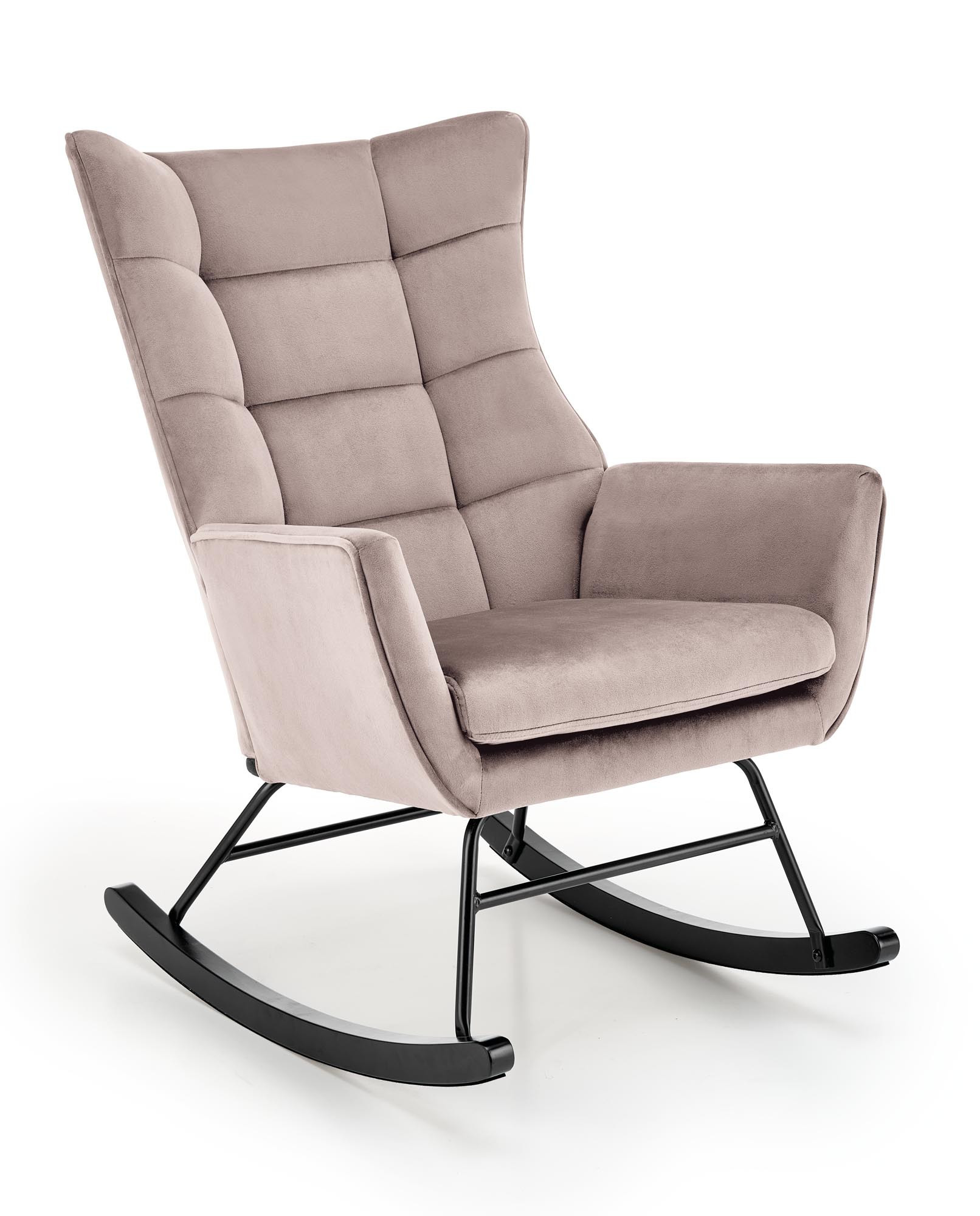 Fotel bujany BAZALTO beżowy na płozach, velvet pikowany, nogi stalowe – widok z przodu.