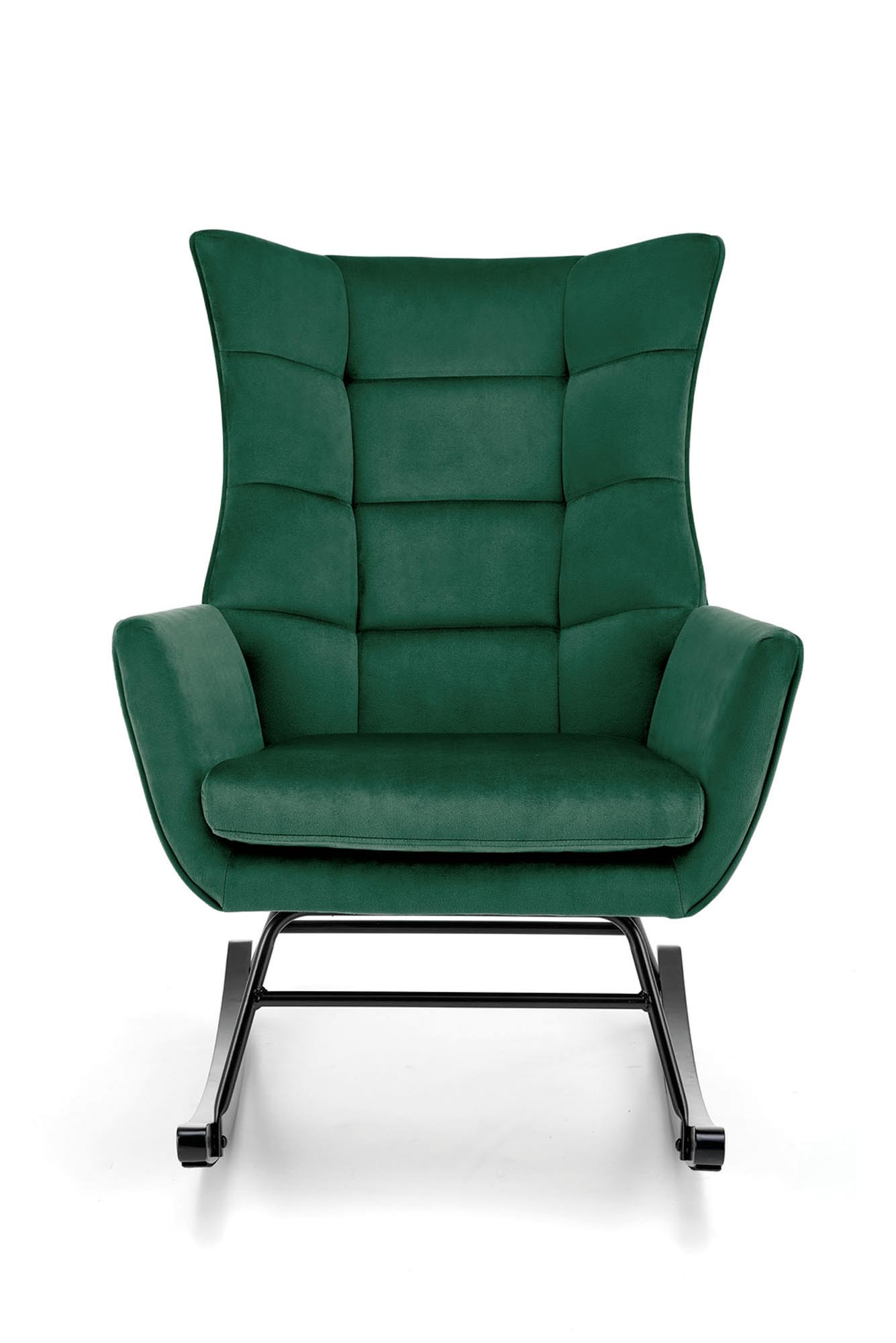 Przód ciemnozielonego fotela bujanego BAZALTO z pikowanego weluru na czarnych płozach.