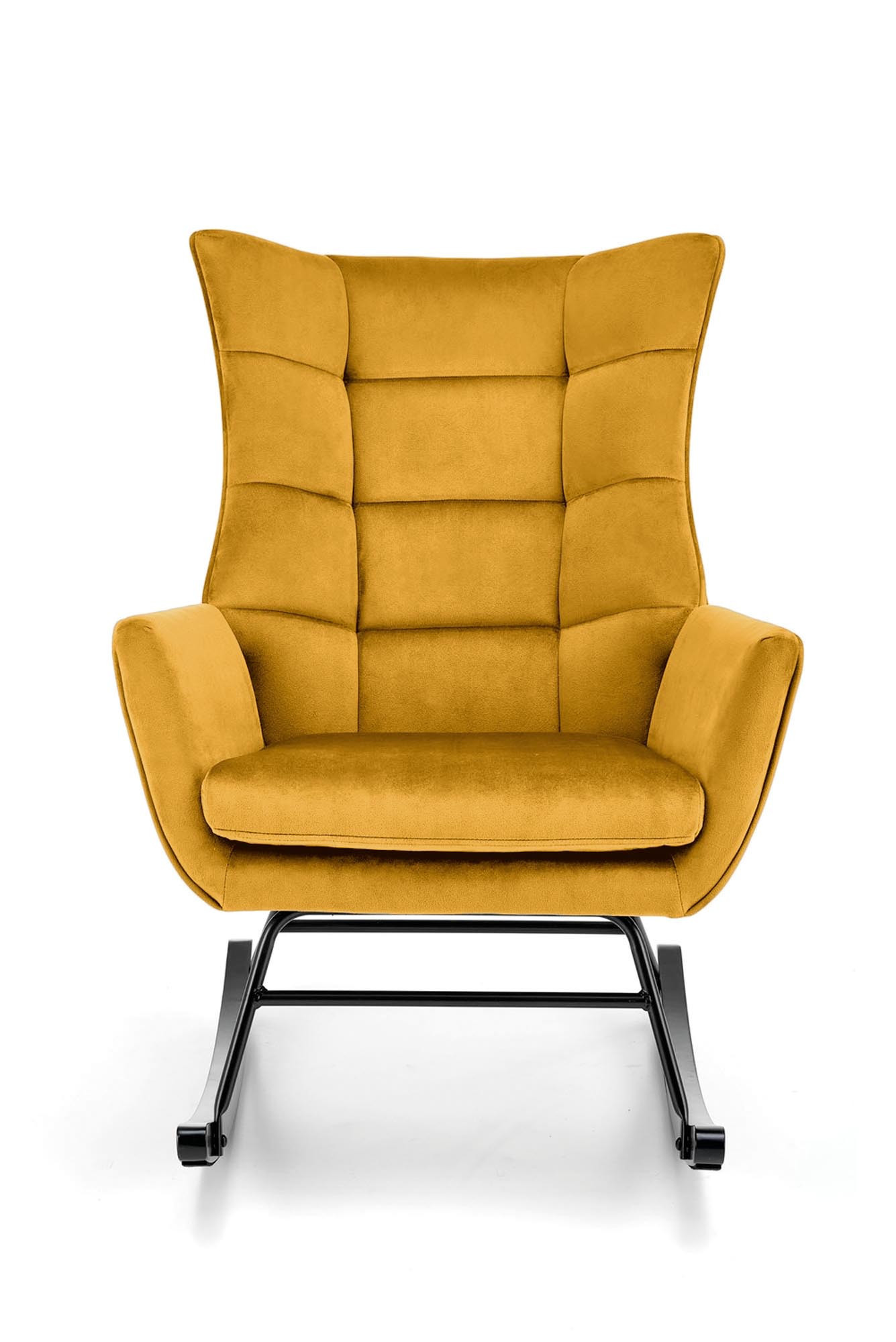 Musztardowy fotel bujany BAZALTO z velvetu, pikowany, na czarnych płozach – widok z przodu.