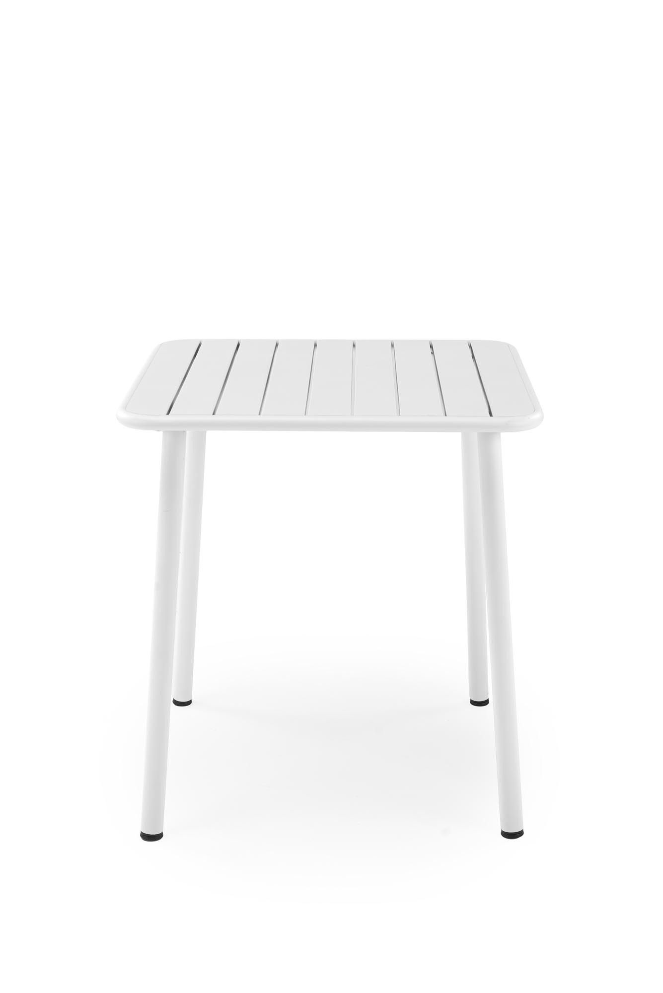 Kwadratowy biały stalowy stół BOSCO z prostokątnym blatem i okrągłymi nogami – widok z przodu.