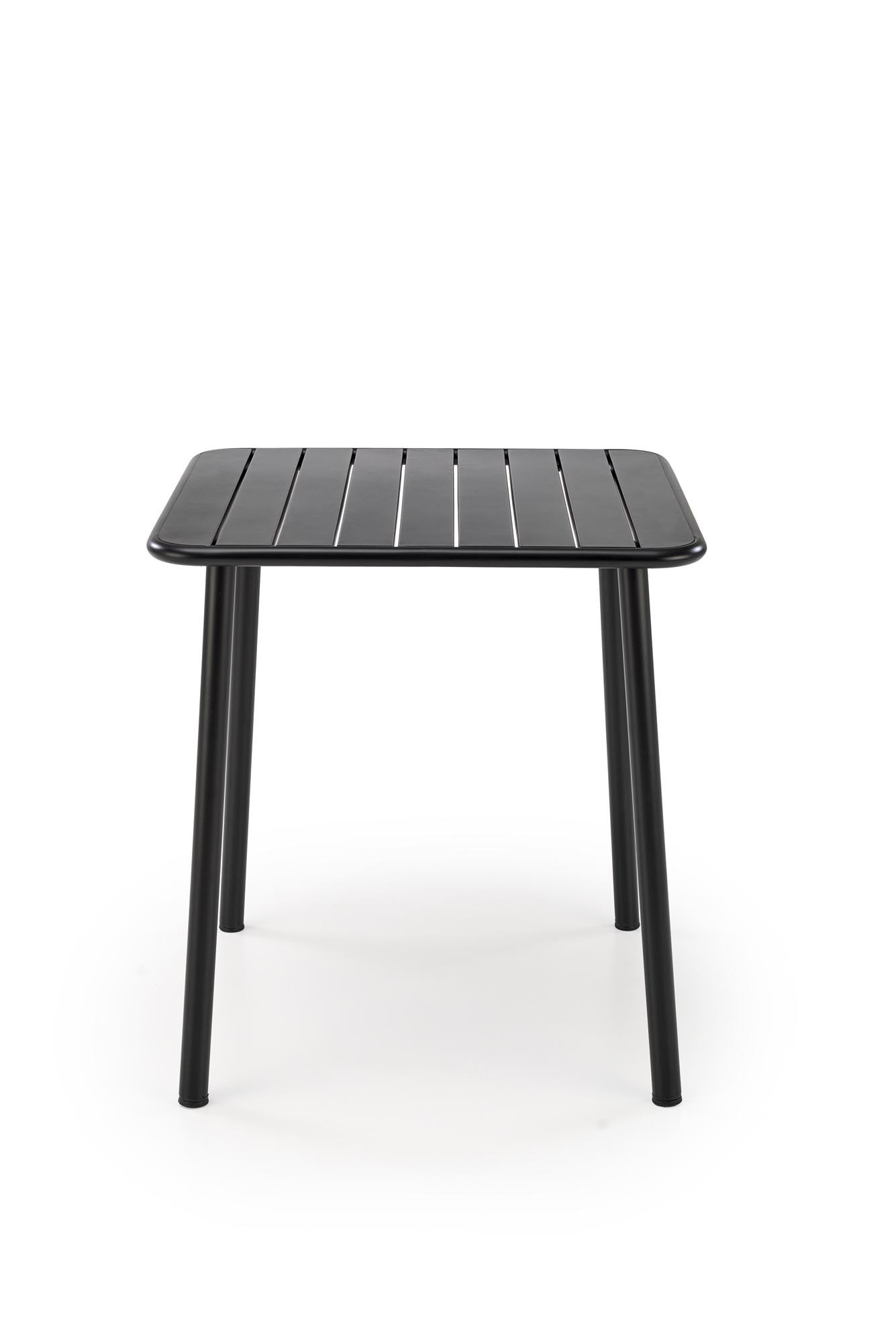 Kwadratowy stół BOSCO z czarnej stali z pionowymi rowkami na blacie – widok z przodu.