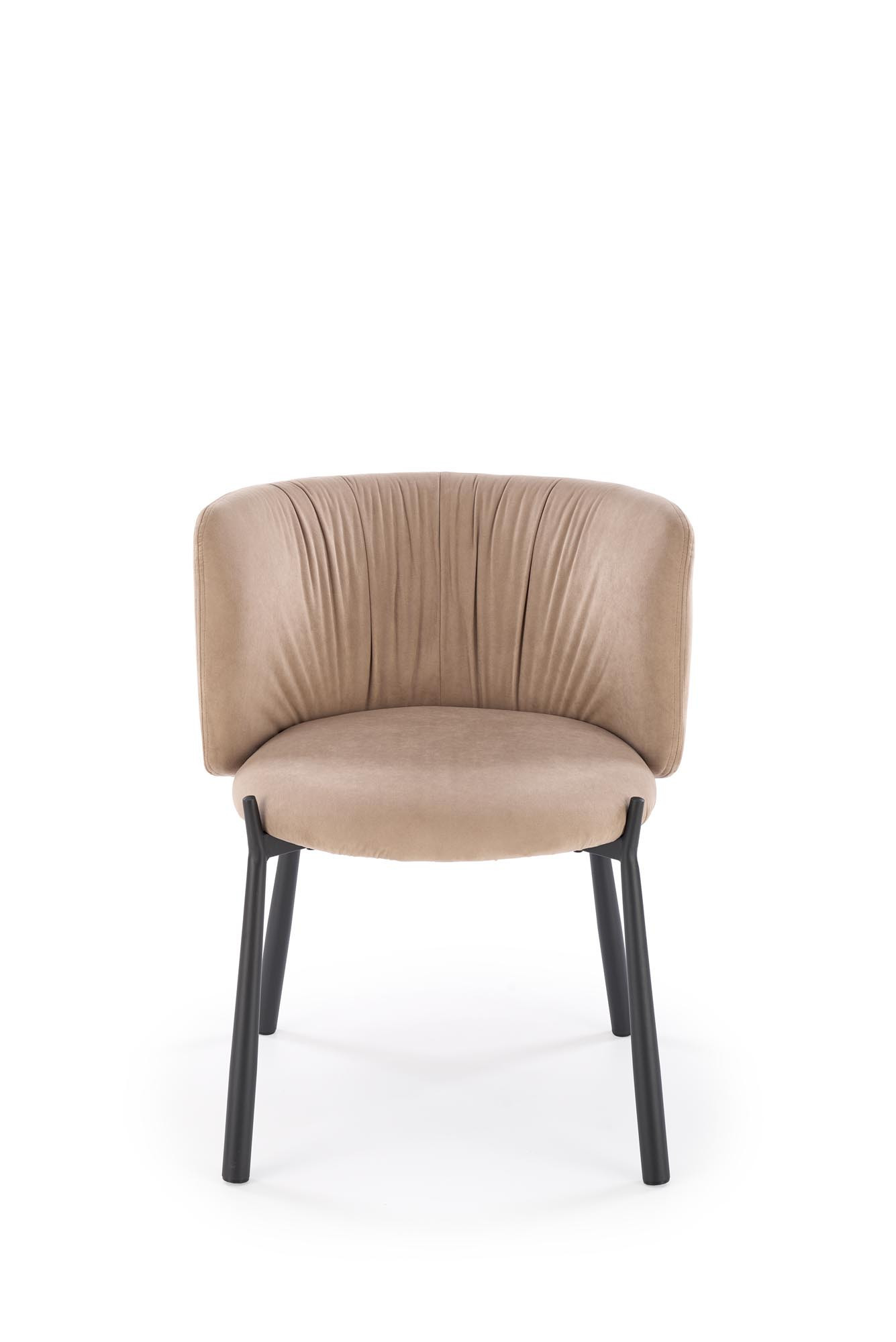 Przód beżowego krzesła K531 z kubełkowym oparciem z aksamitu i czarnymi stalowymi nogami.