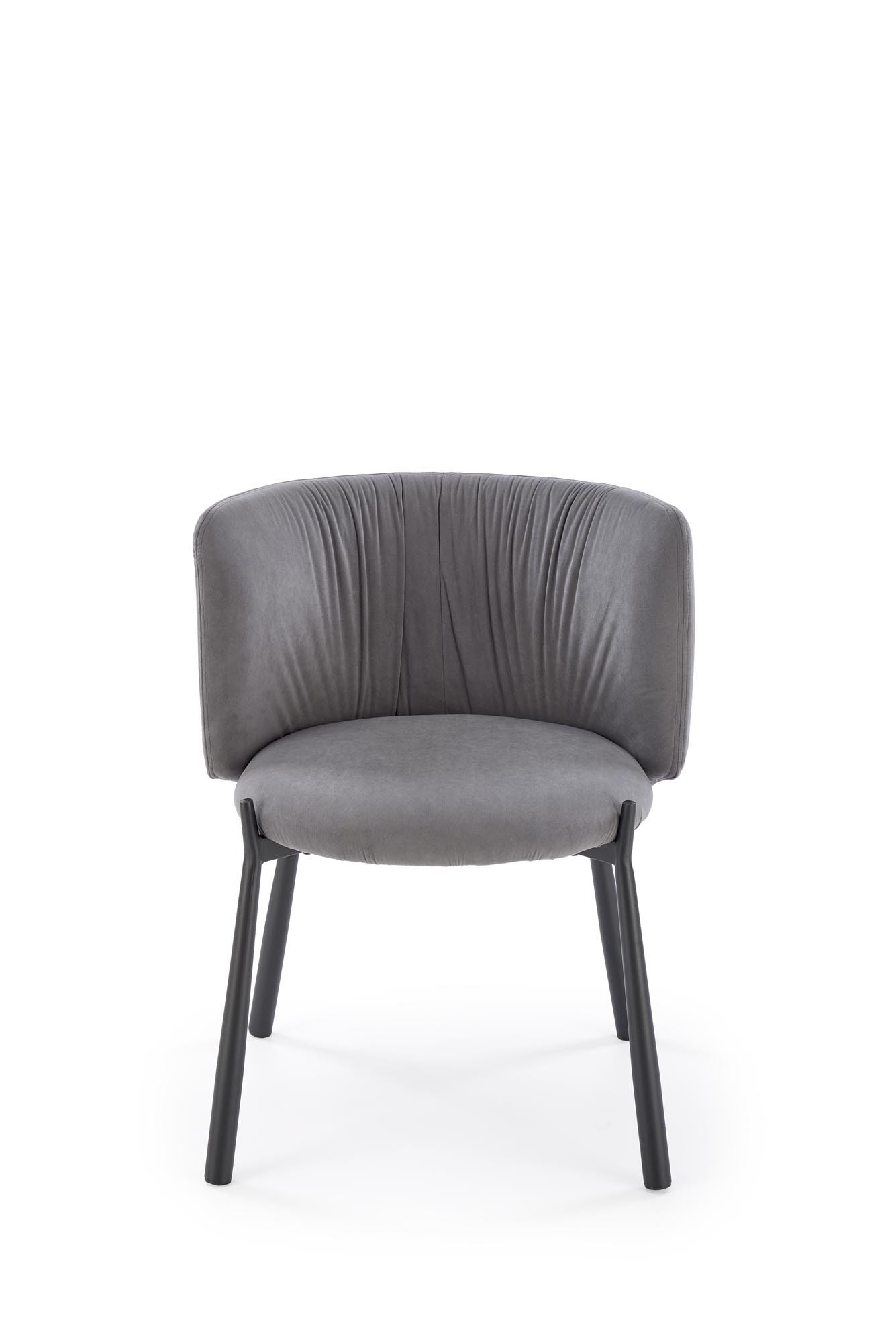 Szare krzesło K531 z welurowym obiciem i stalowymi nogami – widok z przodu.