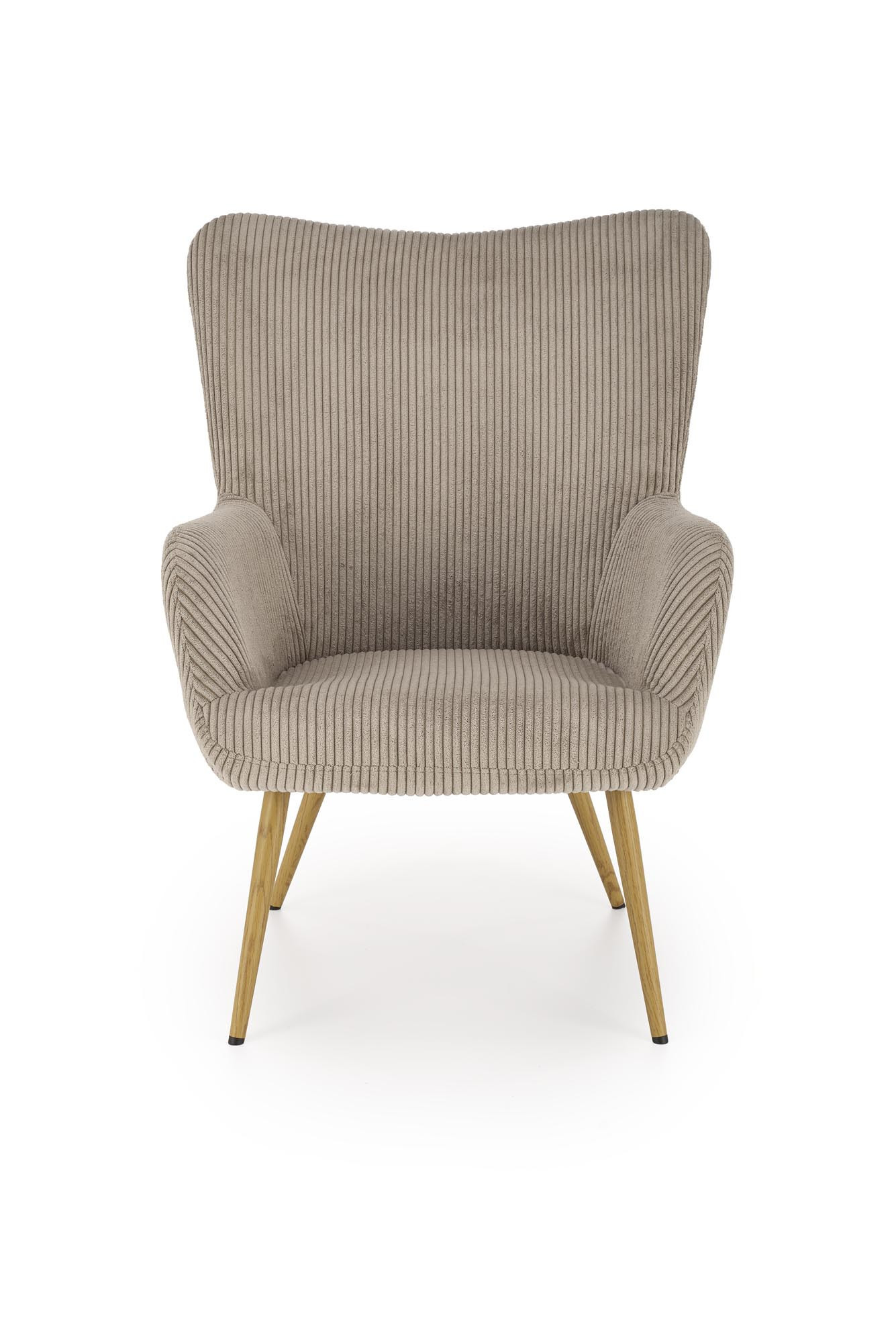 Popielaty fotel wypoczynkowy AMARO z sztruksu i litego drewna – zdjęcie z przodu.