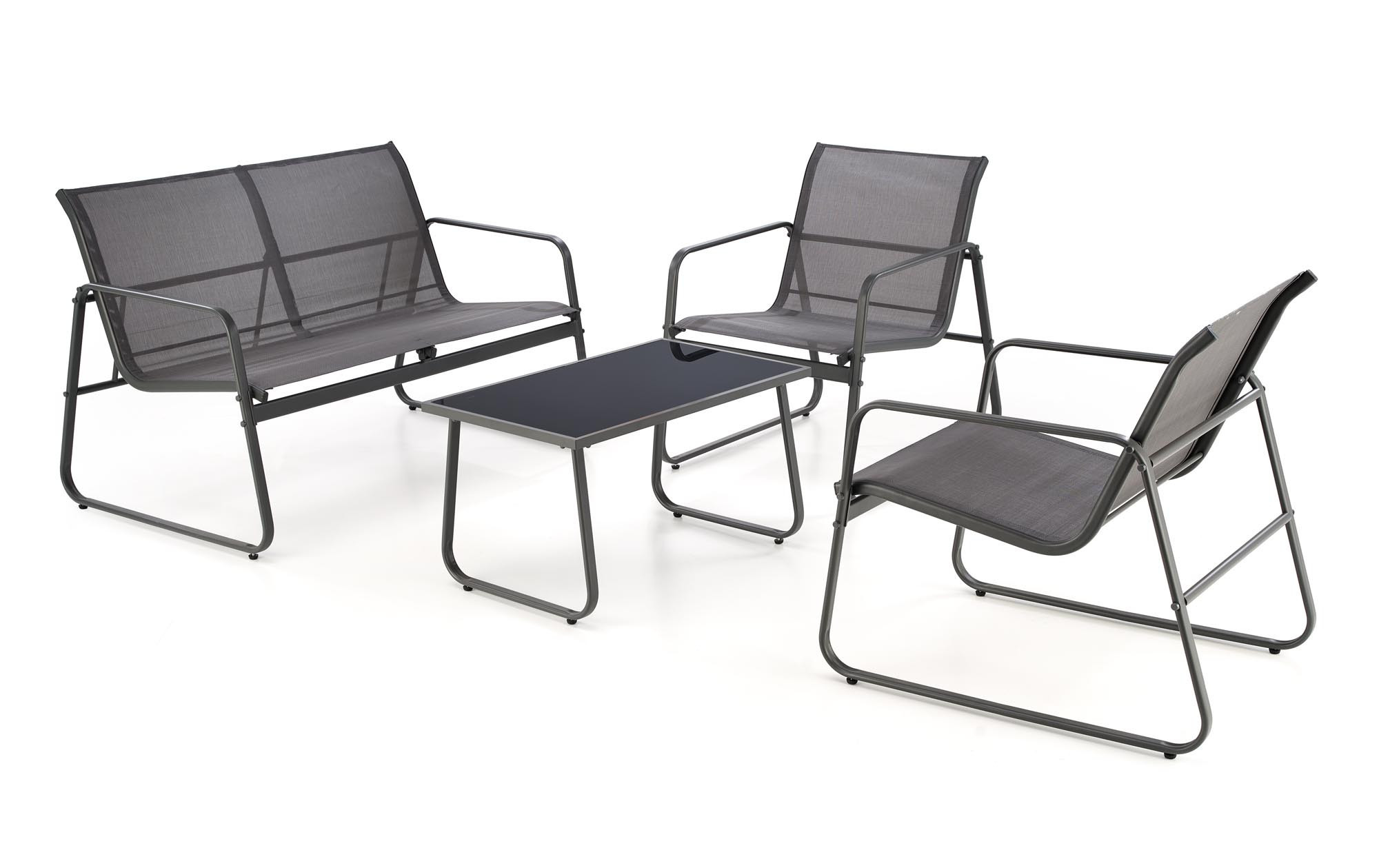 Zestaw ogrodowy CONOR: popielata sofa, 2 fotele, stolik 75x45x41 – widok z przodu.