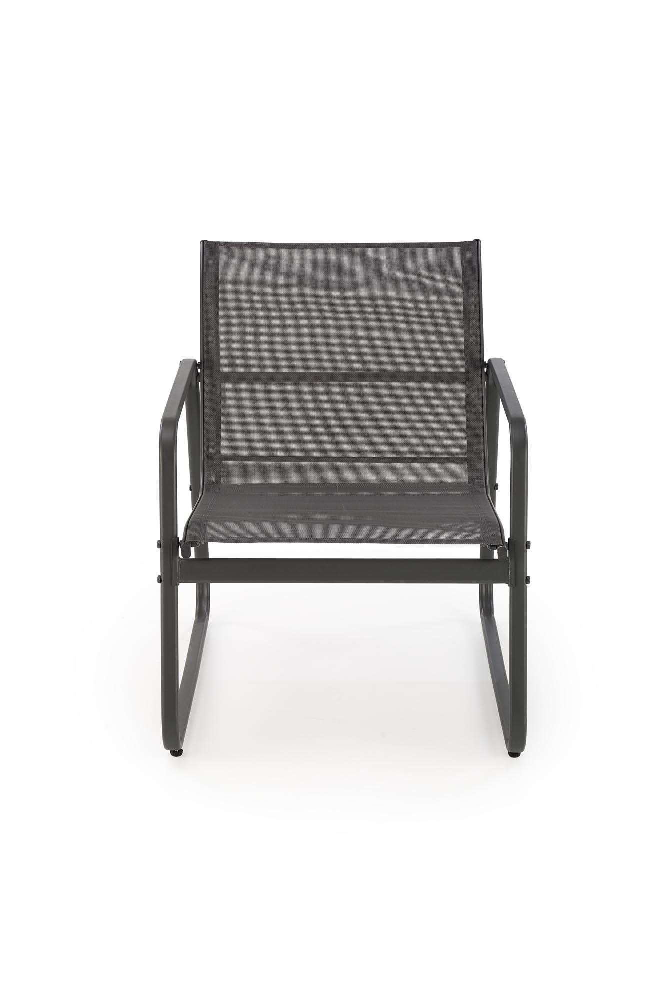 Widok z przodu popielatego fotela ogrodowego CONOR z metalowymi podłokietnikami.