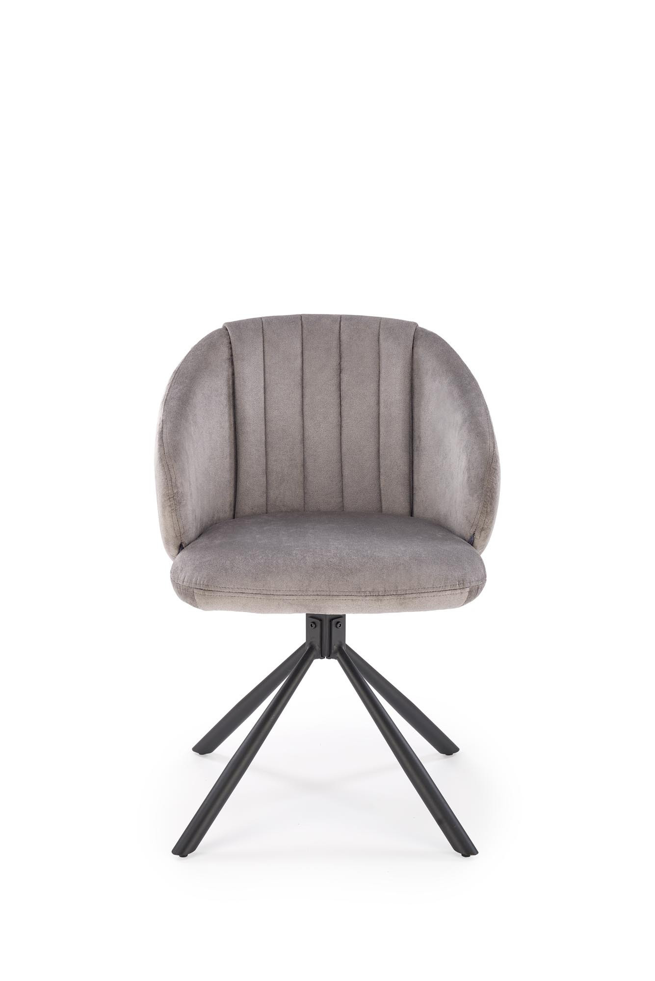 Popielate, obrotowe krzesło K533 z kubełkowym oparciem i stalowymi nogami – widok z przodu.