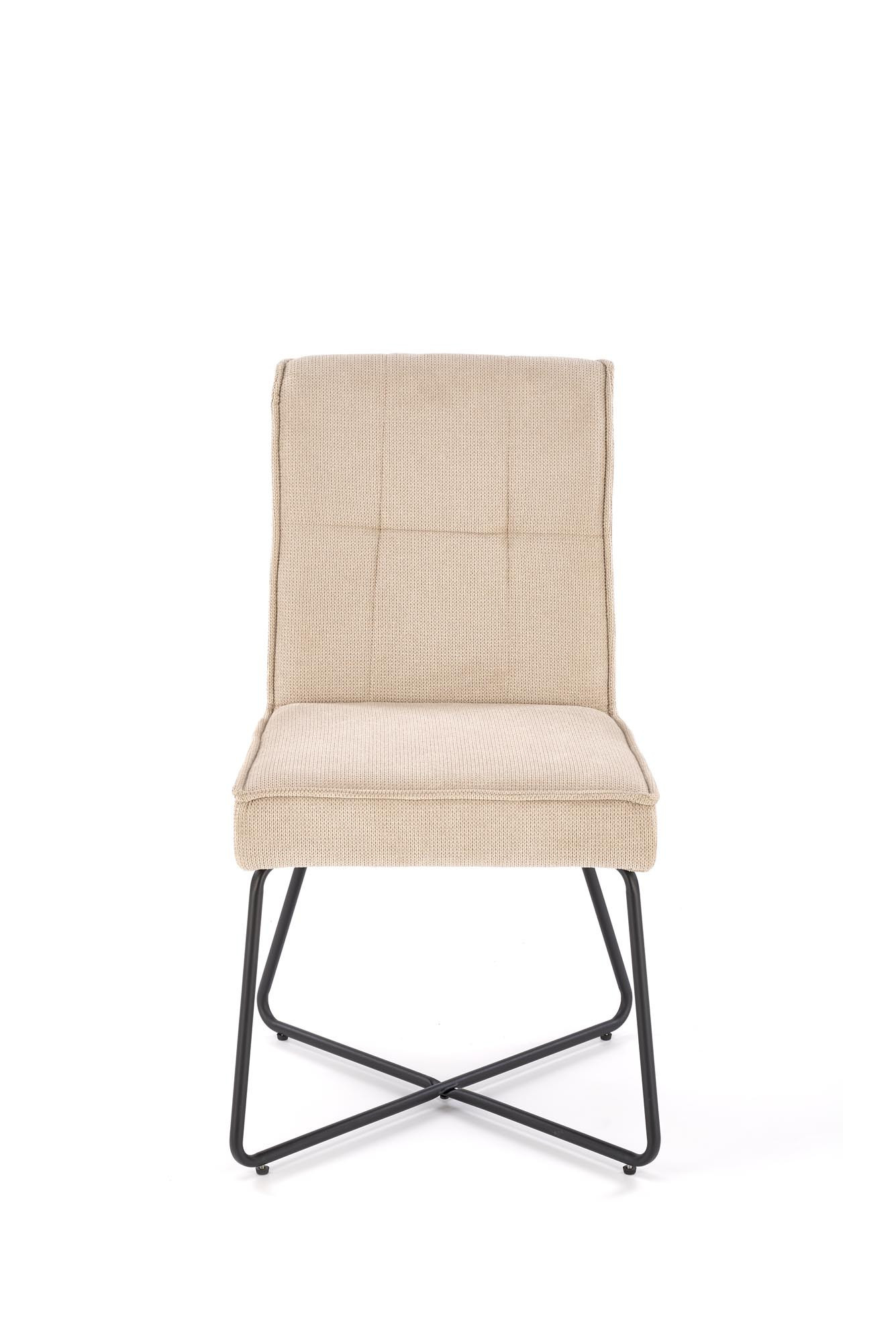 Beżowe krzesło K534 z tkaniny Vardo, pikowane oparcie, stalowe nogi – widok z przodu.