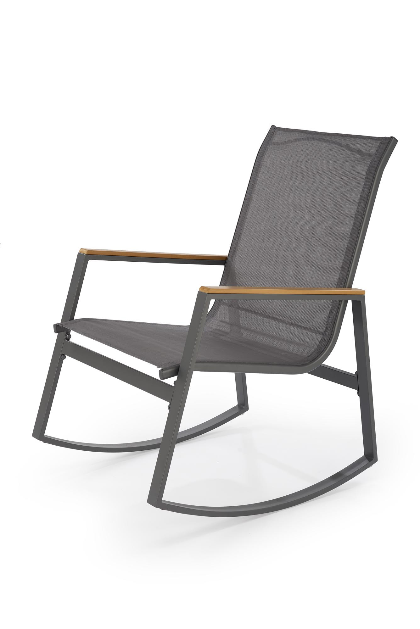 Ciemnoszare krzesło ogrodowe bujane ZLATAN z podłokietnikami – zdjęcie z boku.