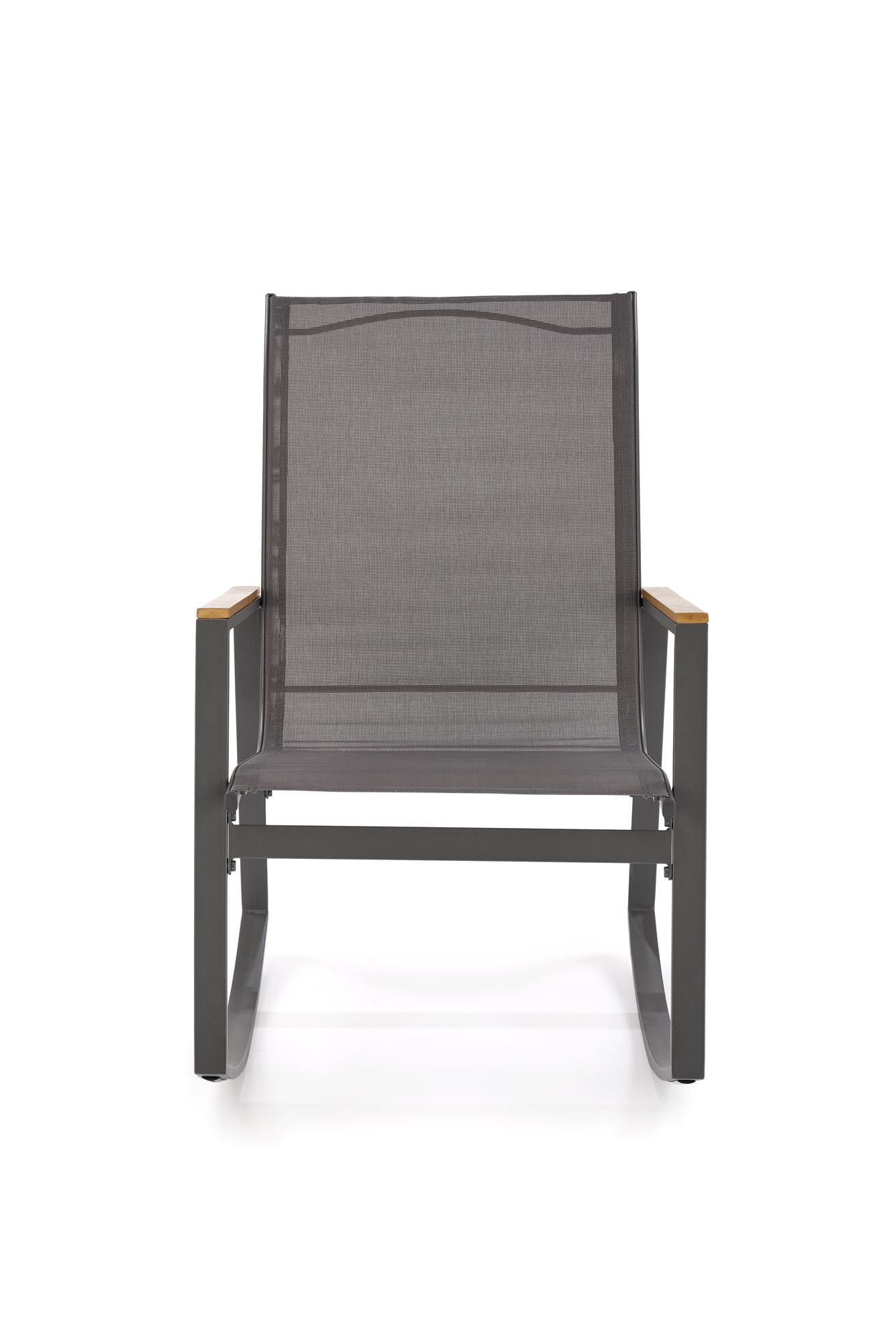 Przedni widok ciemnoszarego bujanego krzesła ogrodowego ZLATAN z drewnianymi podłokietnikami.