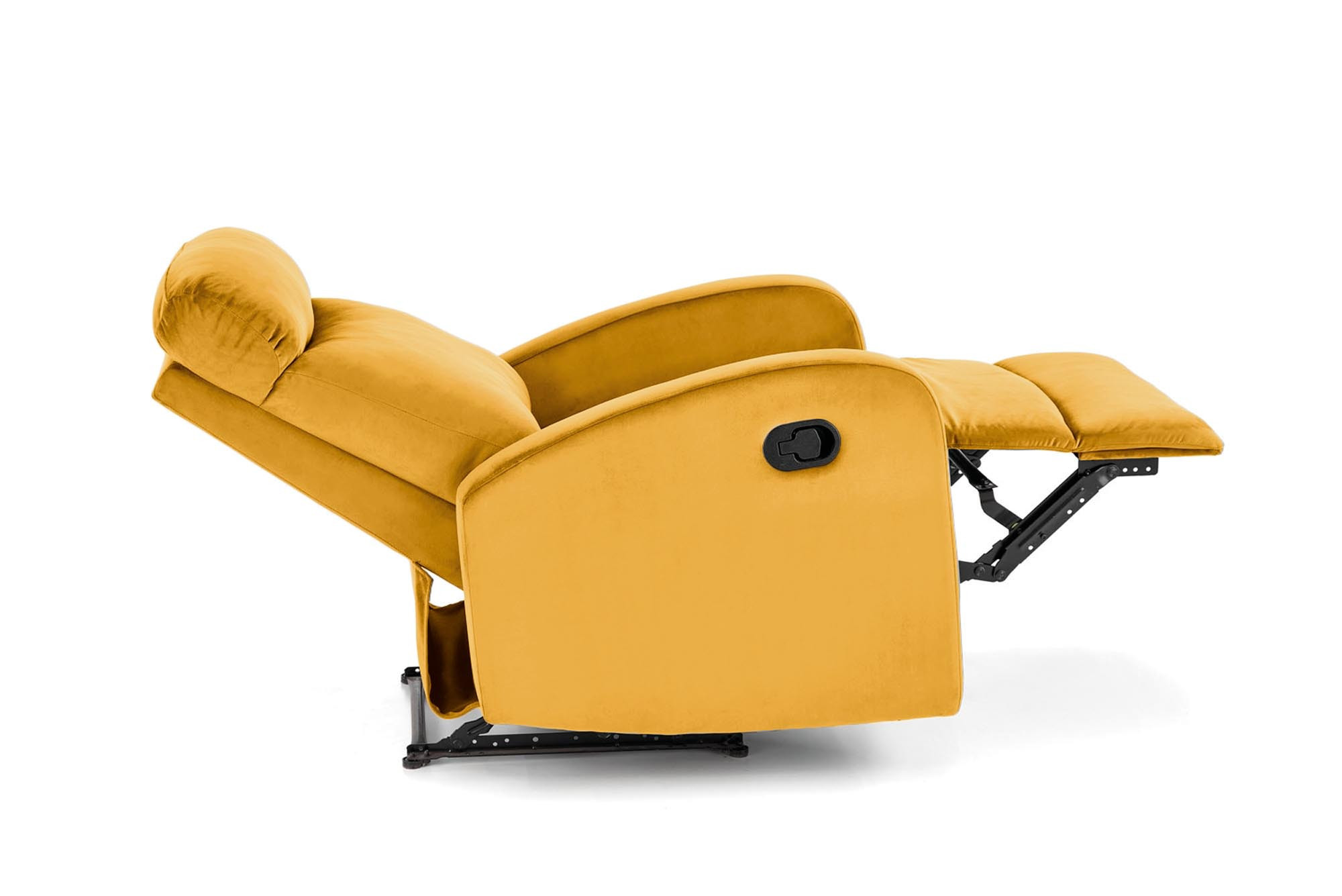 Musztardowy fotel WONDER z funkcją kołyski i rozkładanym podnóżkiem – widok z boku.