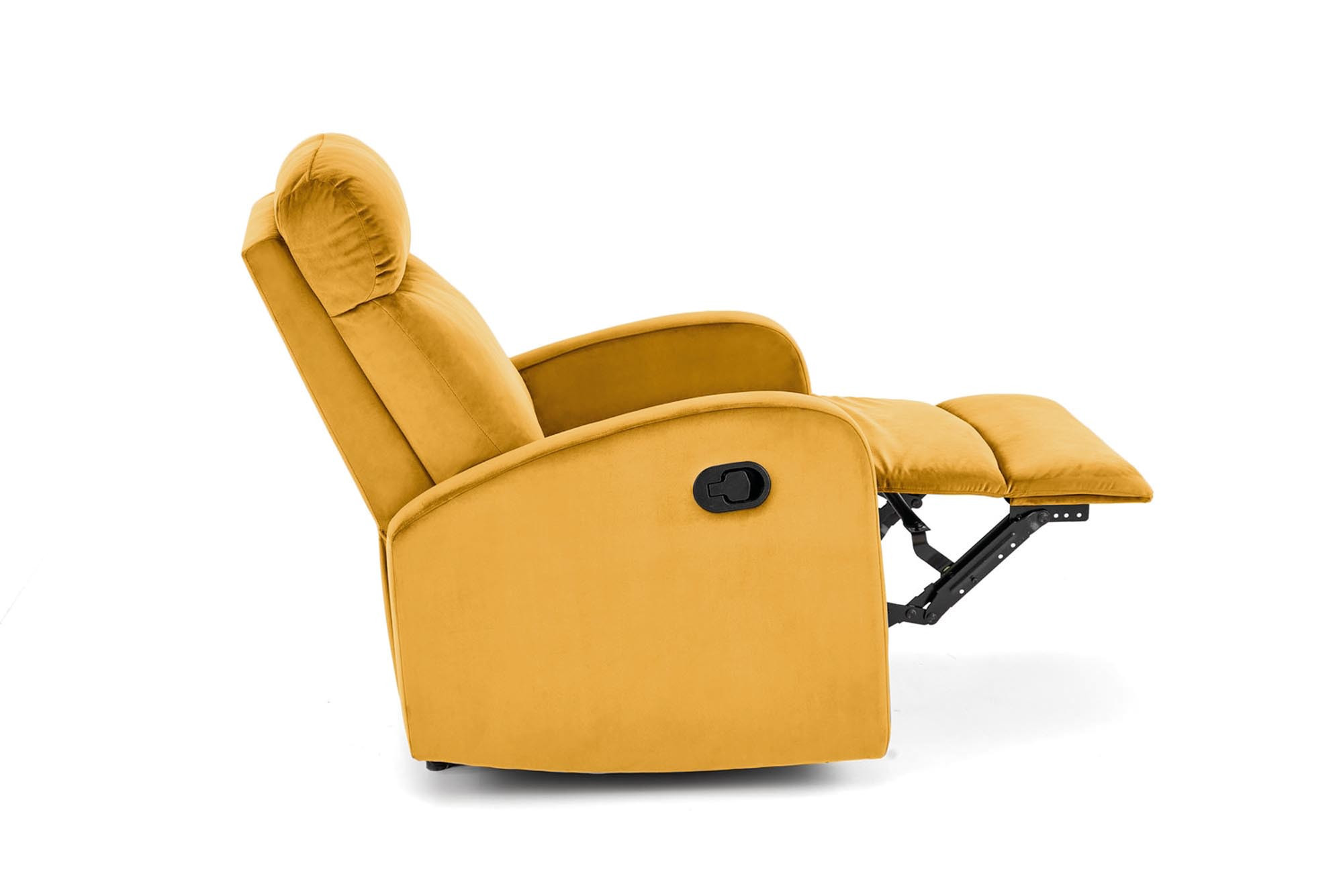 Musztardowy fotel WONDER z funkcją kołyski i rozkładanym podnóżkiem – widok z boku.