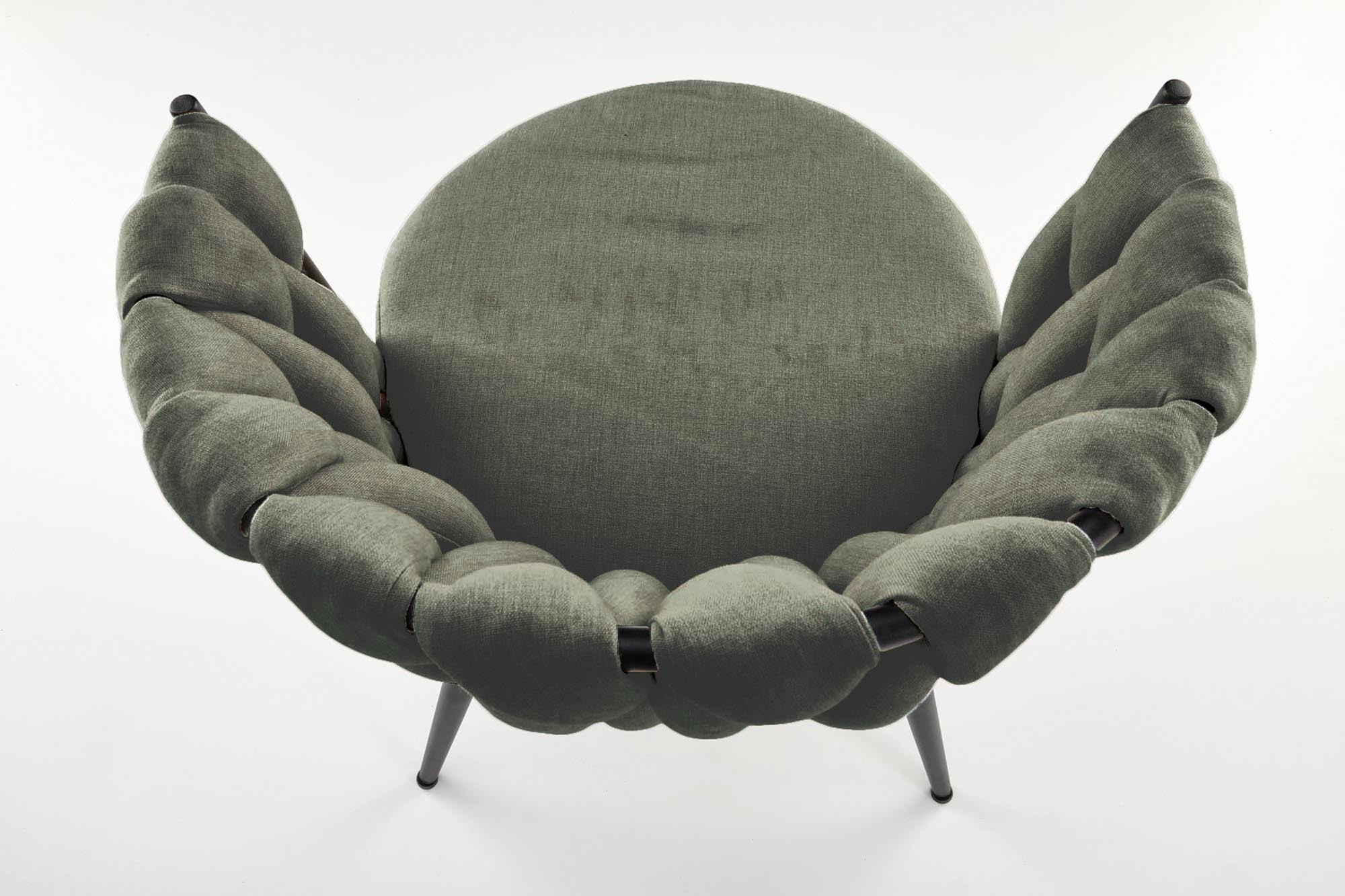 Tylny widok oliwkowego krzesła K516 z pikowanym oparciem i stalowymi nogami.