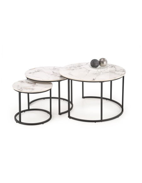 GILDA Zestaw 3 Ław fi80 cm, fi60 cm, fi45 cm | Spiek Biały Marmur/Czarny