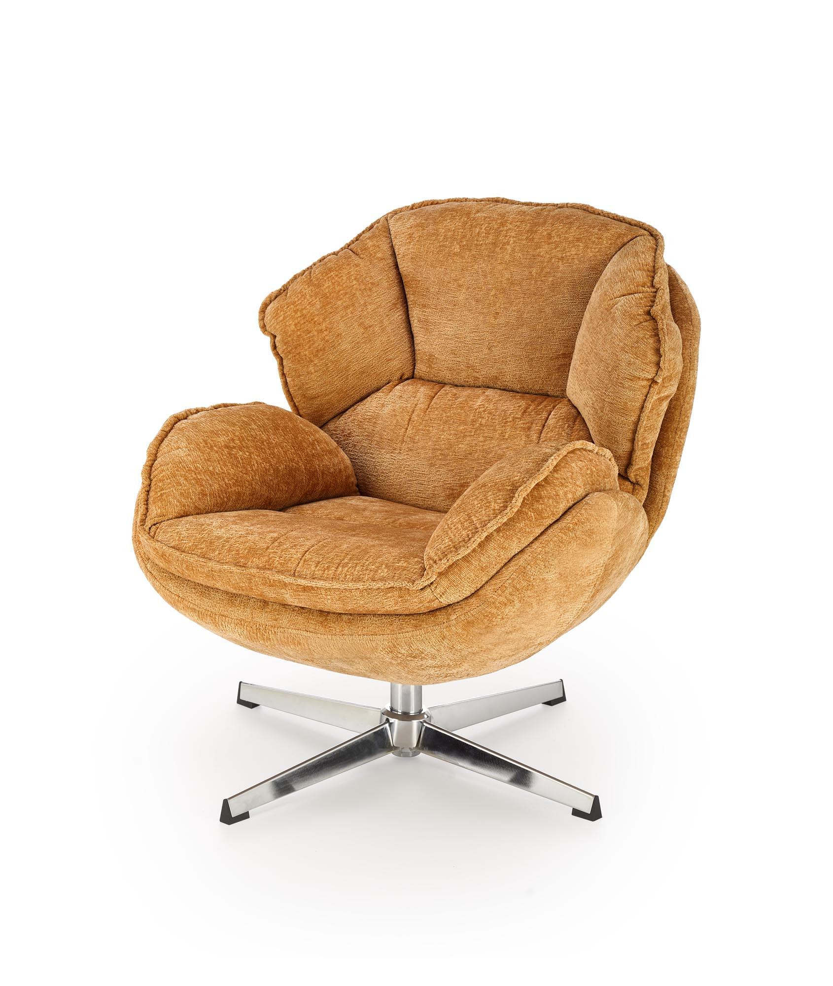 Musztardowy fotel wypoczynkowy GUIDO z chromowanymi nogami – widok z przodu.