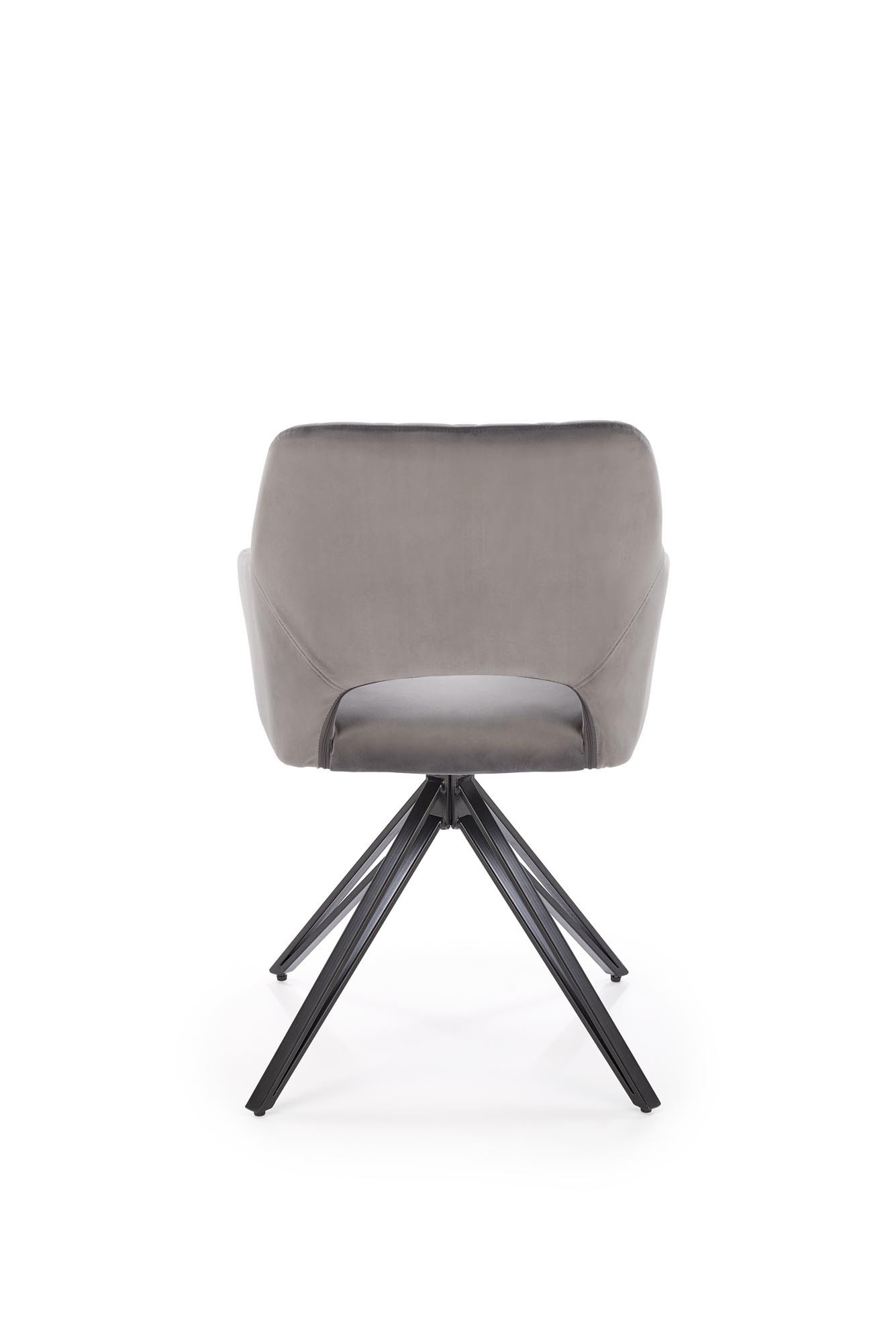 Tylny widok popielatego krzesła K535 z pikowanego weluru z czarnymi stalowymi nogami.